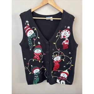 Holiday Editions Women’s Christmas Sweater Vest Snowman Black Knit Size Medium